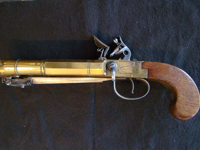 A RARE English Brass Double Cannon Barrel Flintlock Pistol with spring bayonet by Dawes, London, circa 1790. — image 5